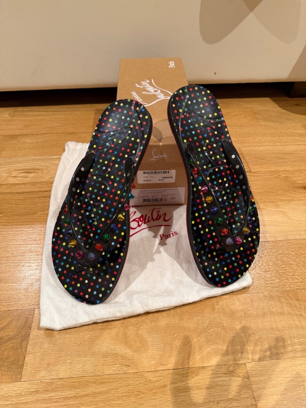 Christian Louboutin Black Multicolor Polka Dot Jelly Flip Flops
